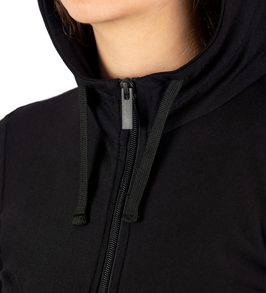 Hanorac sport pentru femei, negru, cu gluga si fermoar negru